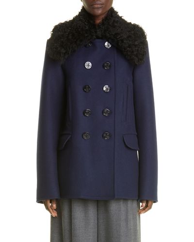 Altuzarra Mimir Wool Blend Pea Coat With Genuine Shearling Collar - Blue