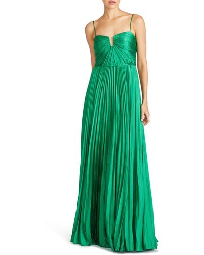 ML Monique Lhuillier Helena Pleated Satin Gown - Green