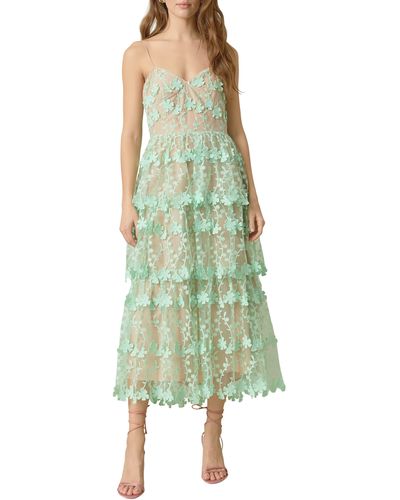 Endless Rose Floral Embroidered Tiered Lace Midi Dress - Green