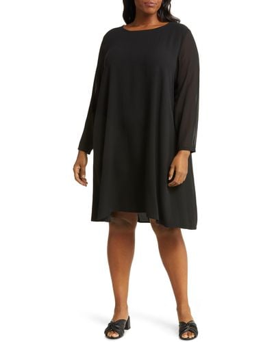 Eileen Fisher Sheer Long Sleeve Silk Georgette Dress - Black