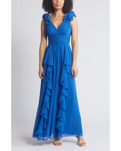 Eliza J Pleat Ruffle Sleeveless Gown - Blue