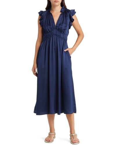 Xirena Xírena Posey Ruffle Shirred Silk Dress - Blue