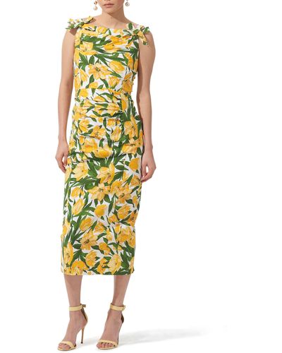 Carolina Herrera Tulip Print Ruched Midi Dress - Yellow