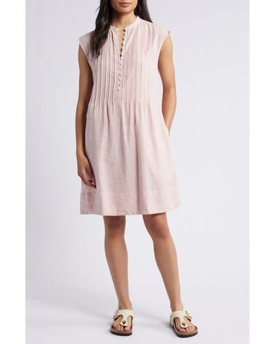 Caslon Caslon(r) Stripe Pintuck Detail Linen Blend Dress - Pink