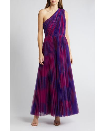 Hutch Tarina Print Pleated One-shoulder Gown - Purple
