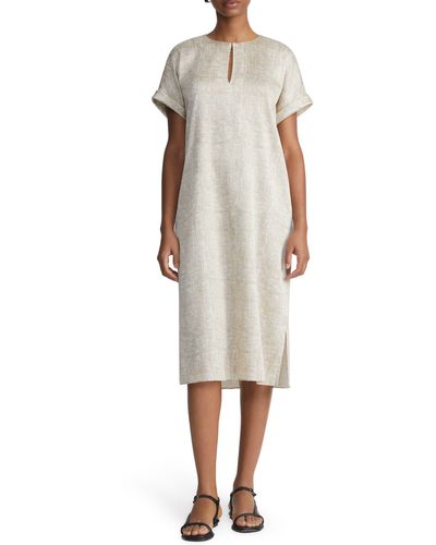 Lafayette 148 New York Burlap Print Crinkle Stretch Silk Shift Dress - Natural