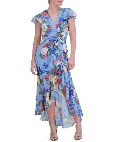 Eliza J Floral Double Flutter Sleeve High-low Dress - Blue