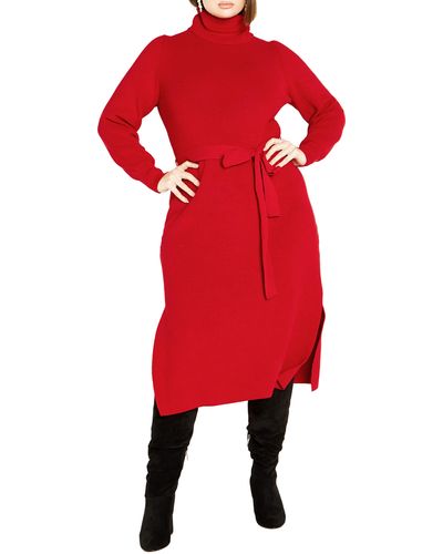 City Chic Kara Long Sleeve Sweater Dress - Red