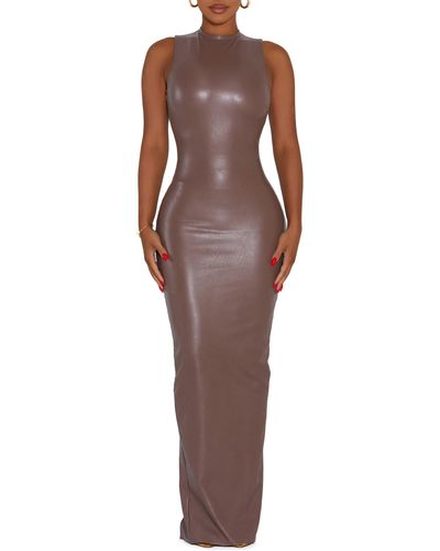 Naked Wardrobe Liquid Faux Suede All Faux Love Maxi Dress - Brown