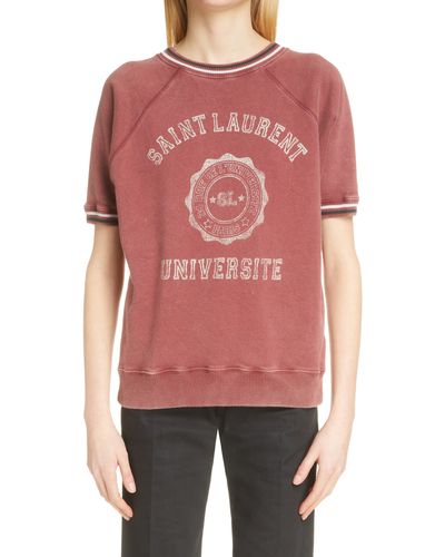 Saint Laurent Université Short Sleeve Cotton Logo Graphic Sweatshirt - Red
