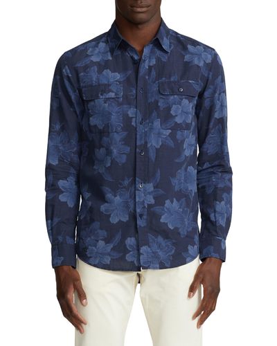 Ralph Lauren Purple Label Cooper Floral Print Cotton & Linen Sport Shirt - Blue