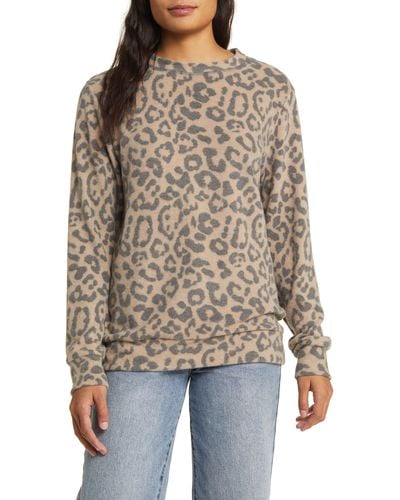 Loveappella Leopard Print Long Sleeve Hacci Knit Top - Natural