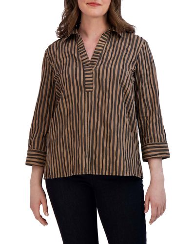 Foxcroft Sophie Crinkle Stripe Cotton Blend Popover Shirt - Brown