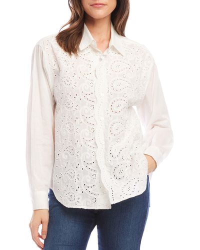 Karen Kane Embroidered Eyelet Button-up Shirt - White