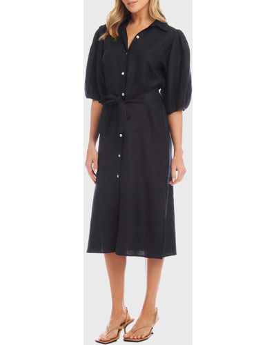 Karen Kane Puff Sleeve Linen Midi Shirtdress - Black