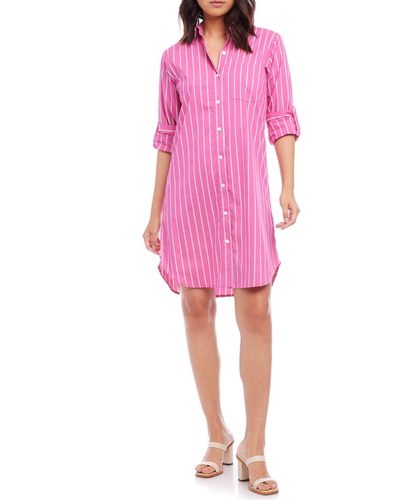 Karen Kane Stripe Long Sleeve Cotton Blend Shirtdress - Pink