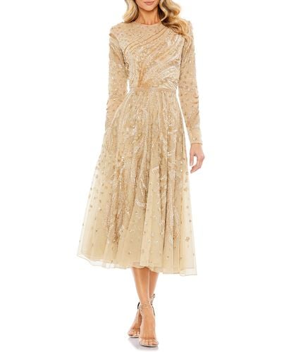 Mac Duggal Sequin Long Sleeve Illusion Lace A-line Dress - Natural