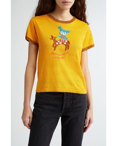 YANYAN Campus Embroidered Linen Knit Top - Yellow