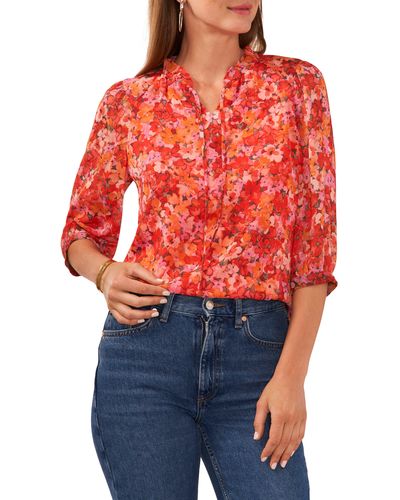 Vince Camuto Floral Print Tie Neck Top - Red