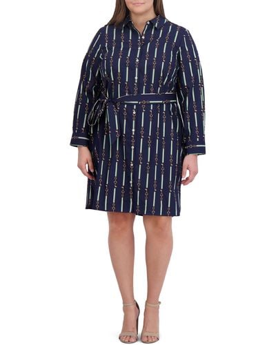 Foxcroft Rocca Keychain Status Stripe Print Long Sleeve Cotton Shirtdress - Blue