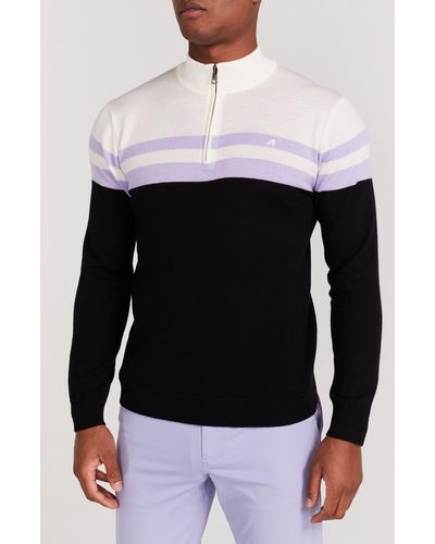 Redvanly Cooper Stripe Quarter Zip Wool Sweater - Black
