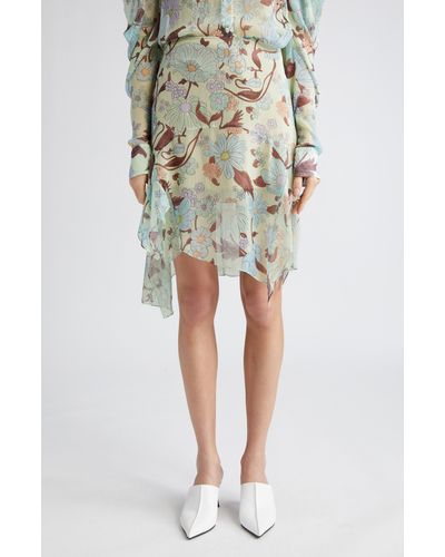 Stella McCartney Garden Floral Print Asymmetric Handkerchief Hem Silk Skirt - White