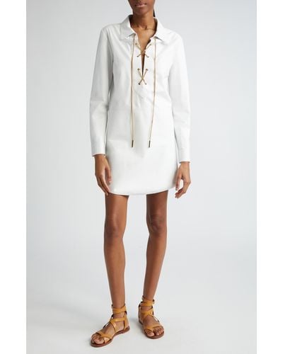 Michael Kors Lace-up Chain Long Sleeve Leather Shirtdress - White