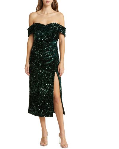 Likely Ronan Off The Shoulder Sequin Midi Dress - Green