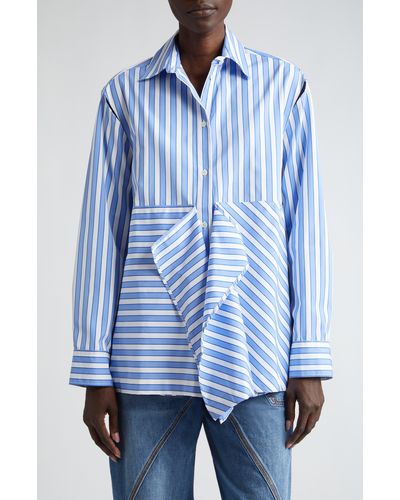 JW Anderson Stripe Long Sleeve Draped Peplum Shirt - Blue