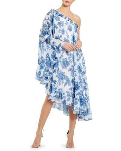 Mac Duggal Floral Cape Overlay One-shoulder Midi Shift Dress - Blue