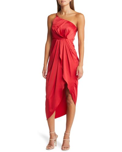 Lulus Law Of Attraction On-shoulder Satin Cocktail Dress - Red