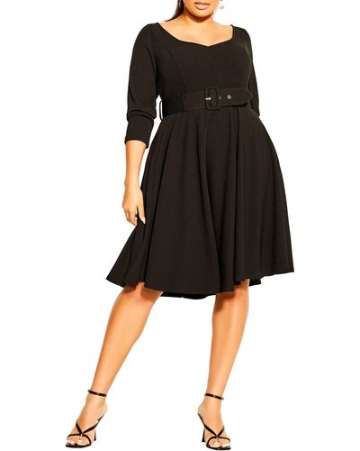 City Chic Belted Fit & Flare Dress - Black