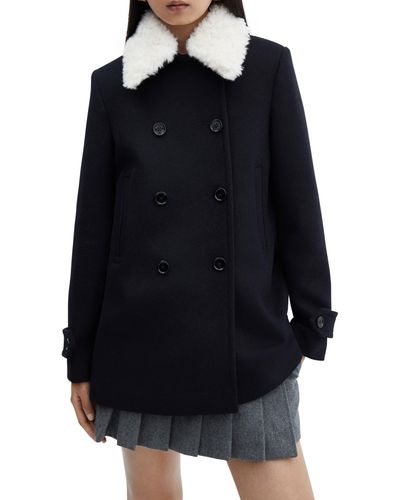 Mango Faux Fur Collar Double Breasted Coat - Blue