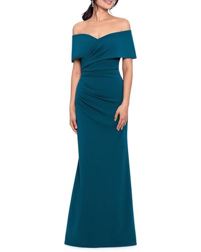 Betsy & Adam Off The Shoulder Crepe Gown - Blue