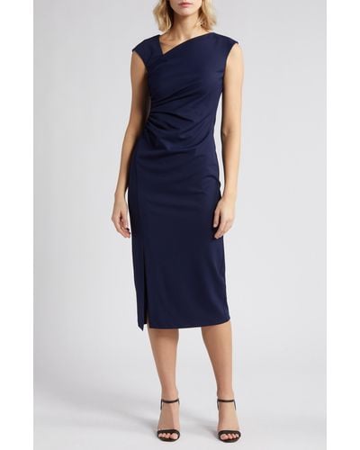 Anne Klein Asymmetric Neck Side Ruched Midi Sheath Dress - Blue