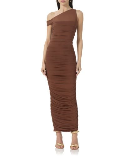 AFRM Biona One-shoulder Ruched Mesh Dress - Brown