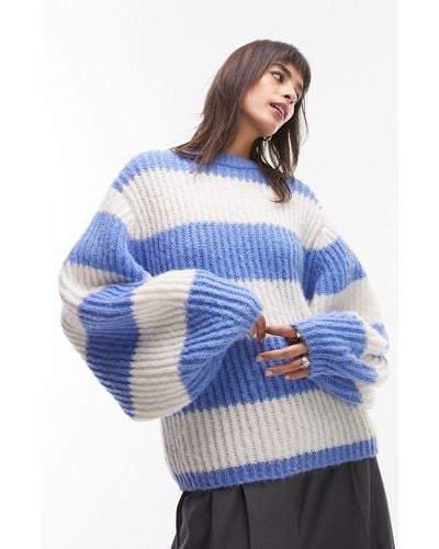 TOPSHOP Stripe Balloon Sleeve Sweater - Blue