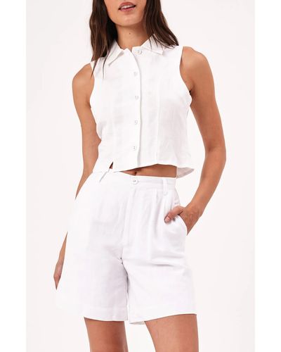 Rolla's Nina Crop Sleeveless Linen Blend Button-up Shirt - White