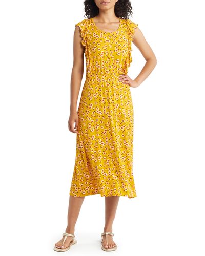 Loveappella Floral Print Flutter Sleeve Dress - Yellow