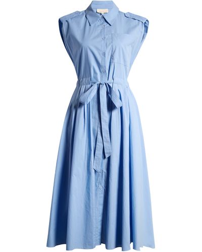 MELLODAY Tie Waist Poplin Midi Shirtdress - Blue