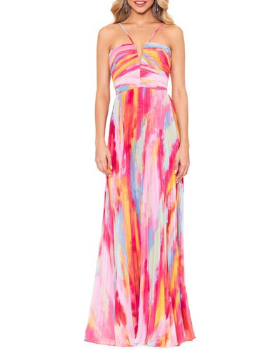 Xscape Print Pleated Gown - Red