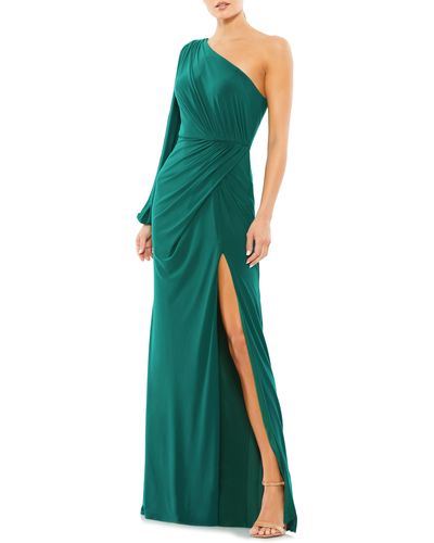 Mac Duggal One-shoulder Long Sleeve Ruched Jersey Gown - Green