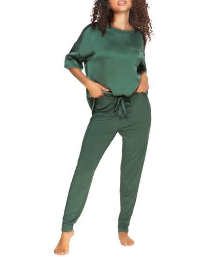Felina Elysees Satin & Jersey Pajamas - Green