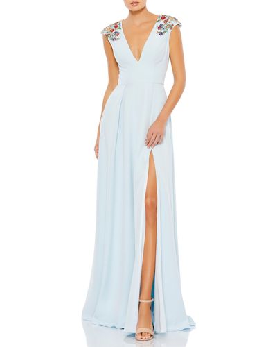 Ieena for Mac Duggal Plunge Neck Empire Waist Beaded Shoulder Gown - Blue