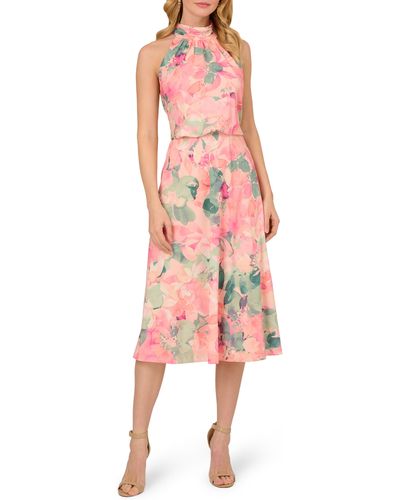Adrianna Papell Floral Mock Neck Chiffon Cocktail Midi Dress - Multicolor