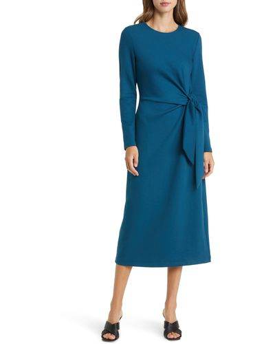 Nordstrom Tie Waist Long Sleeve Knit Midi Dress - Blue