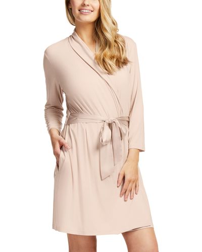 Fleur't Iconic Short Knit Robe With Satin Tie - Natural