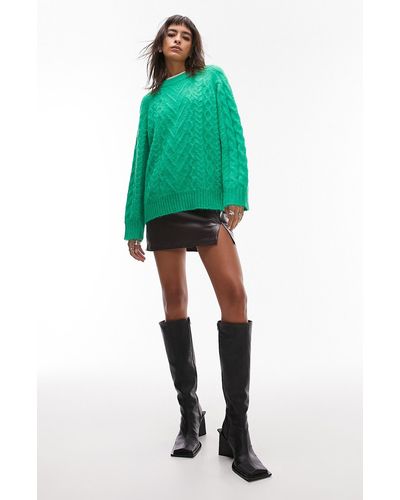 TOPSHOP Knit Fluffy Cable Crew Sweater - Green