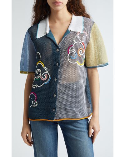 YANYAN Netty Cloud Colorblock Organic Cotton Blend Button-up Shirt - Blue
