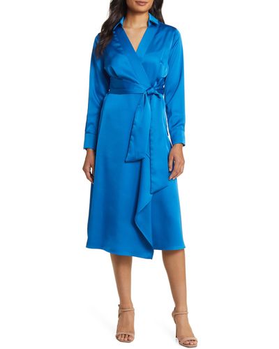 Tahari Long Sleeve Satin Faux Wrap Midi Shirtdress - Blue